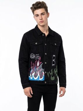 OGF Black Denim Jacket with Colorful Flame Design Lg and Xl